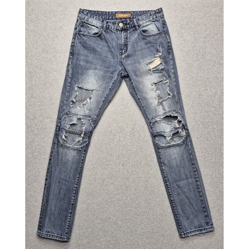 Crysp Jeans Mens 32x33 Distressed Ripped Skinny Slim Streetwear Blue Y2K